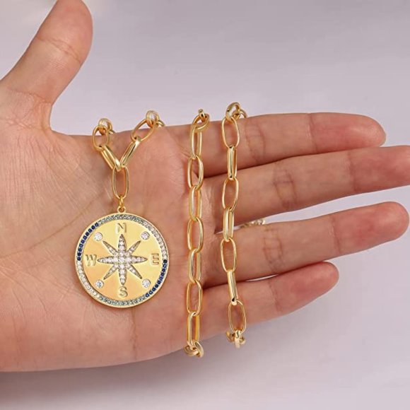 18K Gold Moon Star Lion Evil Eye Pendant Necklace Medallion Paperclip Chain - Picture 3 of 5